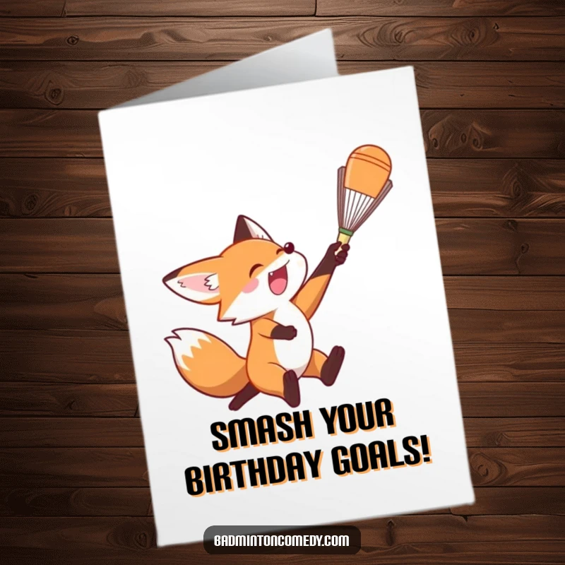 Funny Free Printable Birthday Card: An excited fox leaps high to smash a badminton shuttlecock overhead.