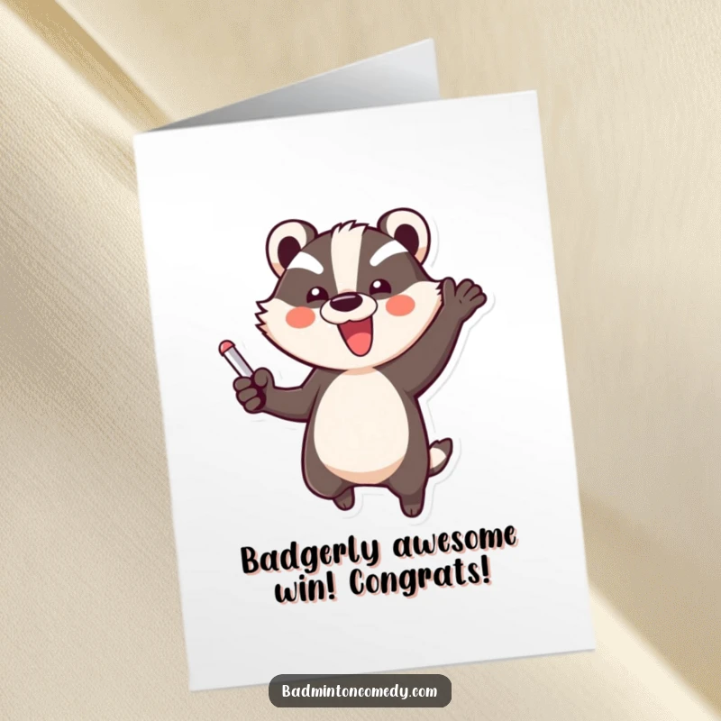 Funny Free Printable Congrats Card: Badger Leaps with Joy, Celebrating a Point Won.