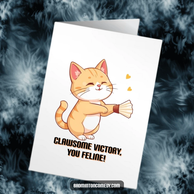 Funny Free Printable Congratulations Card: A cat gracefully hits a shuttlecock with a racket, winking playfully.