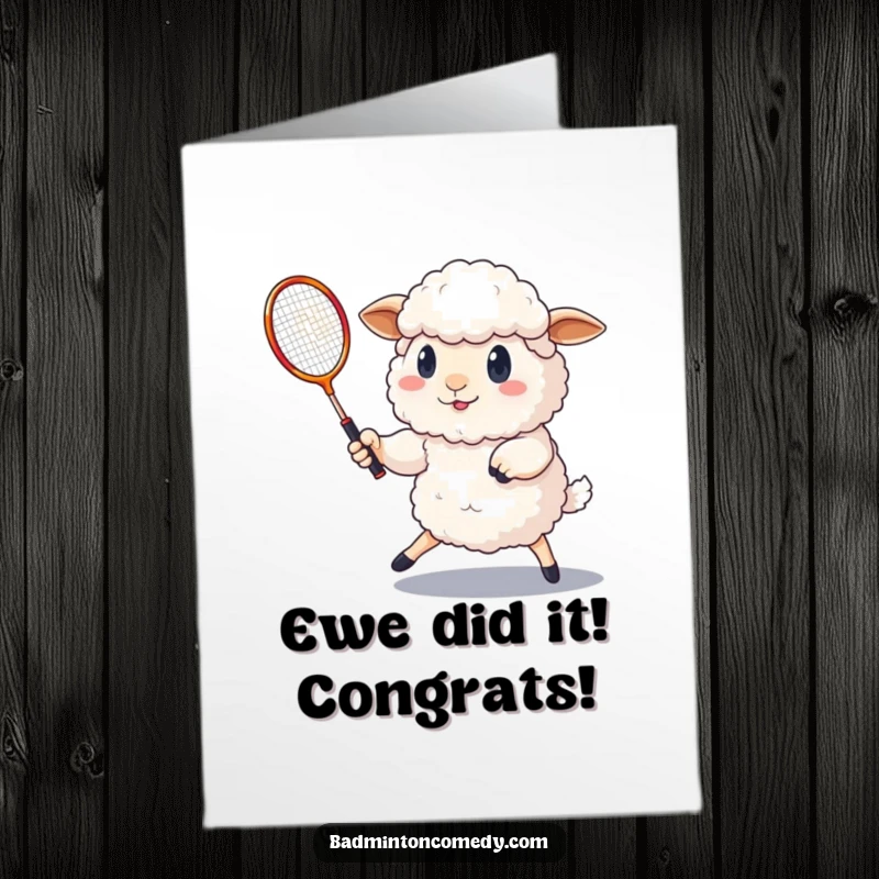Funny Free Printable Congratulations Card: A determined fluffy sheep plays badminton, ready to win the match.