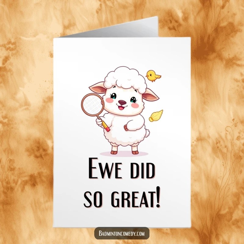 Funny Free Printable Congratulations Card: A happy, fluffy sheep serves a badminton birdie with a beaming smile.