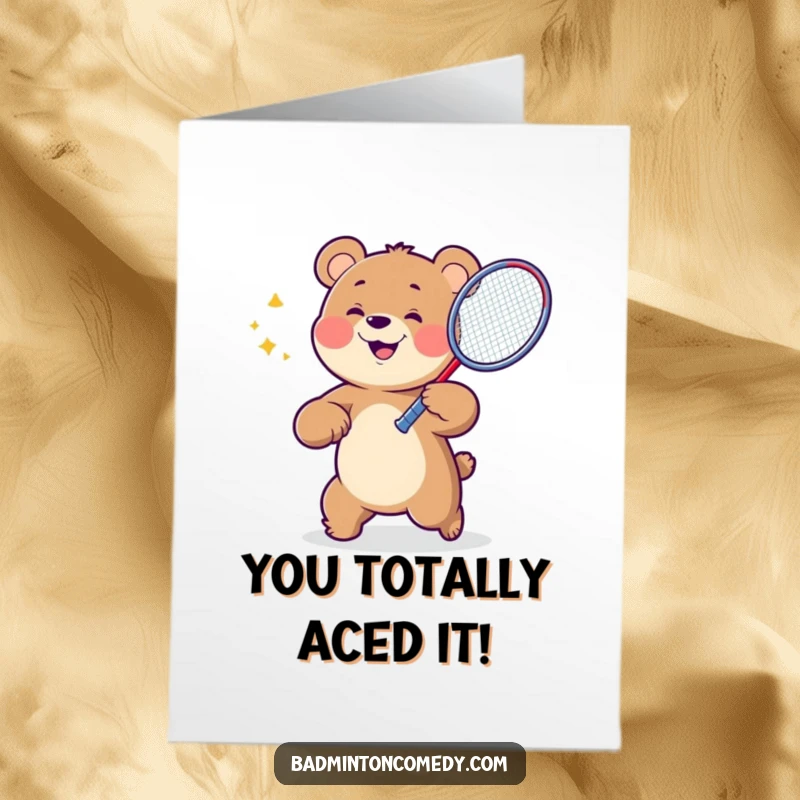 Funny free printable congratulations card with a cheerful bear character enthusiastically swinging a badminton racket, celebrating a victory.