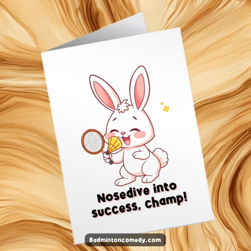 Funny Free Printable Congratulations Card: A determined bunny joyfully smacks a badminton shuttlecock with its nose.
