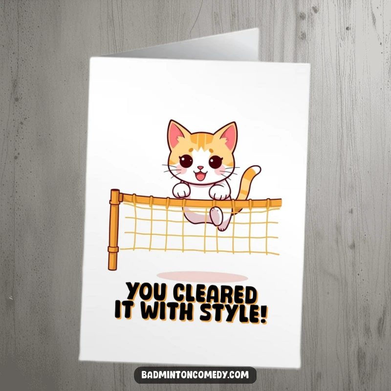 Funny Free Printable Congratulations Card: A determined cat performing an agile jump over a net, celebrating a remarkable feat.
