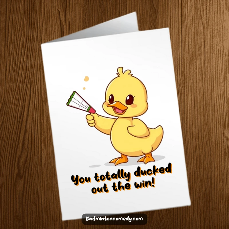 Funny Free Printable Congrats Card: Duck Playfully Batting a Shuttlecock with a Squeaky Toy.