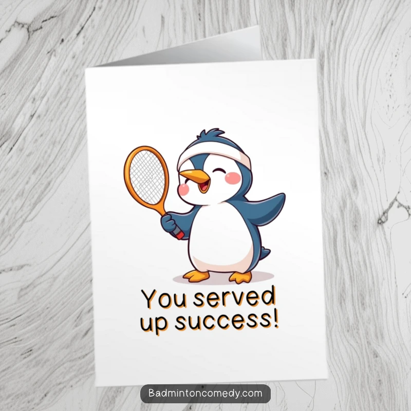 Funny Free Printable Congrats Card: Joyful penguin in headband celebrates with a triumphant tennis swing.