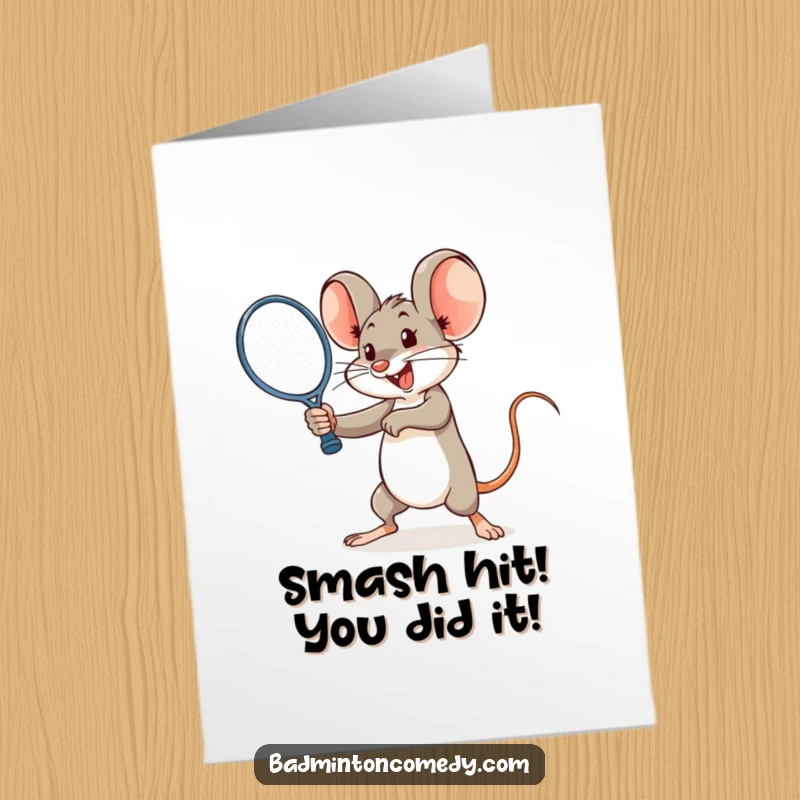 Funny Free Printable Congratulation Card: A cheerful mouse hitting a powerful smash with a racquet, celebrating victory, downloadable gift.