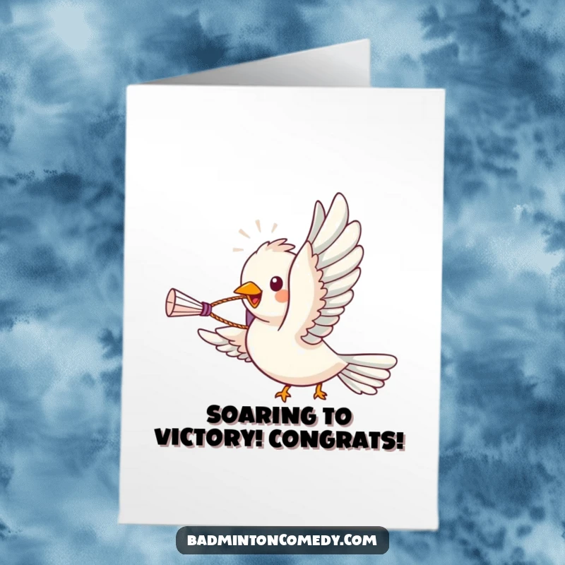 Funny Free Printable Congratulations Card: Bird flying high with a shuttlecock in its beak, celebrating a spectacular win.