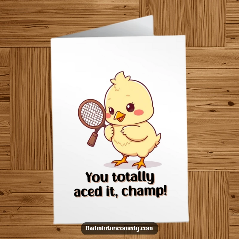 Funny Free Printable Congratulations Card: A cute chick with a tiny racket enthusiastically plays badminton to celebrate.