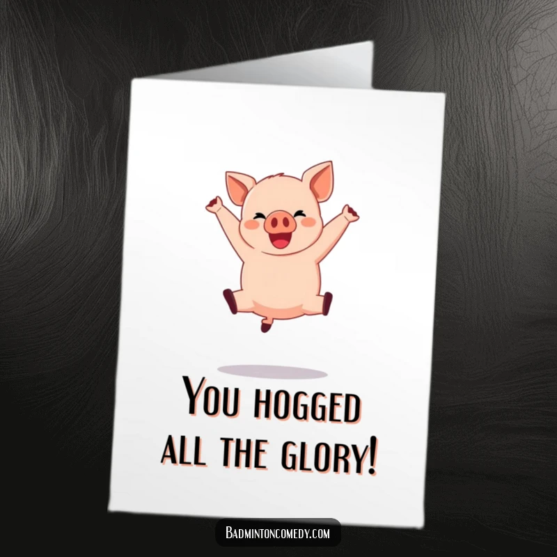 Funny Free Printable Congratulations Card featuring a happy pig character performing a dramatic mid-air jump shot, celebrating a win.