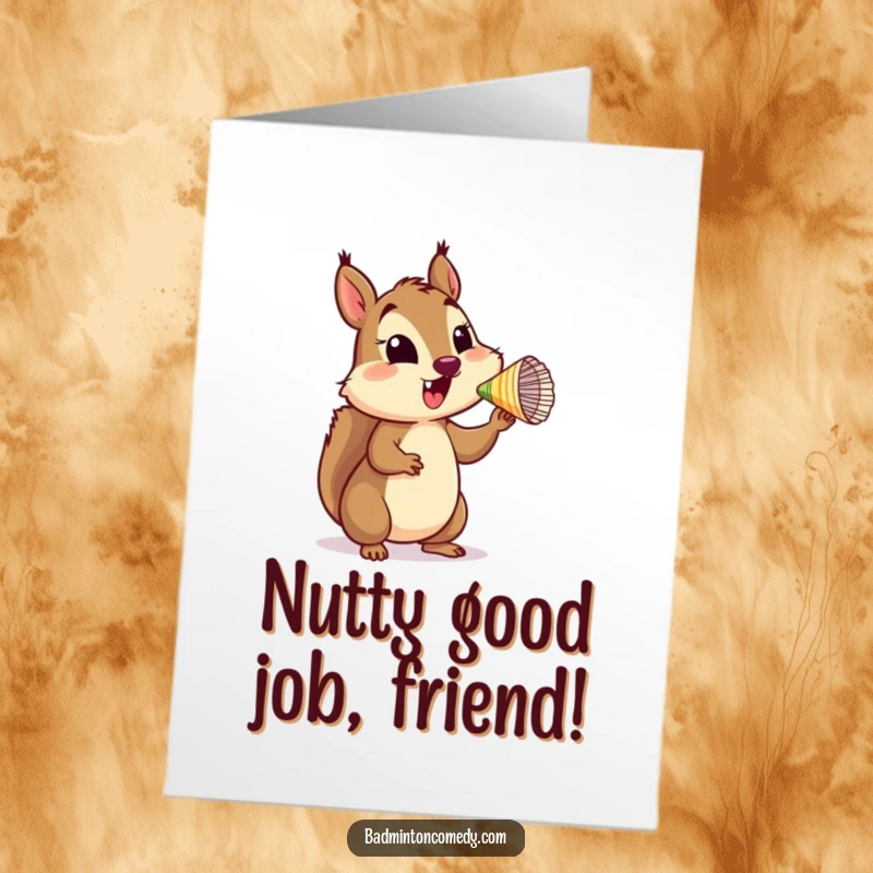 Funny free printable congratulations card featuring a cheerful squirrel balancing a shuttlecock on its nose, beaming with pride.