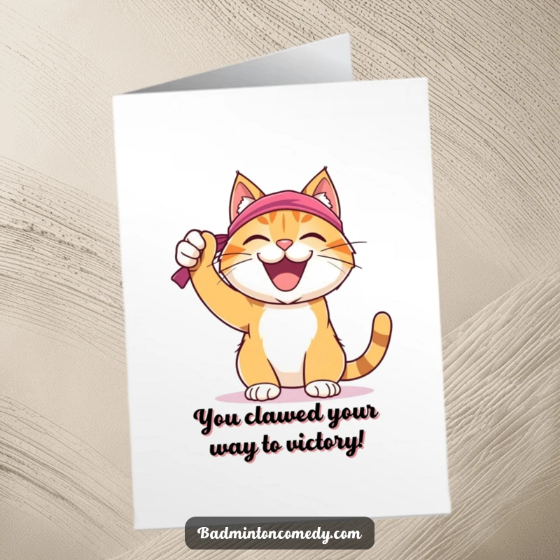 Funny Free Printable Congratulations Card of a joyful cat in a sweatband celebrating a successful shot in badminton.