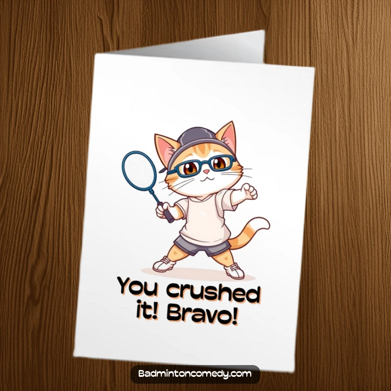 Funny Free Printable Congratulations Card: An athletic cat powerfully swinging a badminton racket with great gusto, celebrating a win.