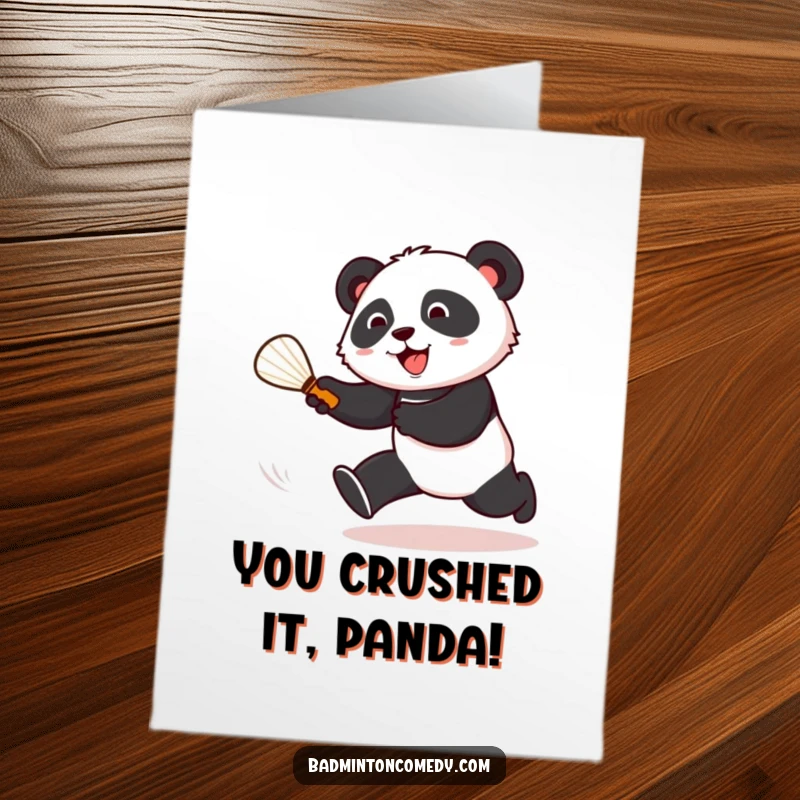 Free Printable playful panda joyfully chasing a shuttlecock on a congratulations card, celebrating victory.