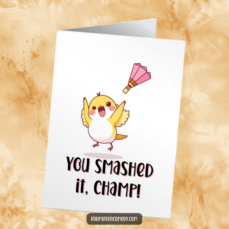 Funny Free Printable Congratulations Card: Small bird character joyfully hitting a shuttlecock upwards in celebration.