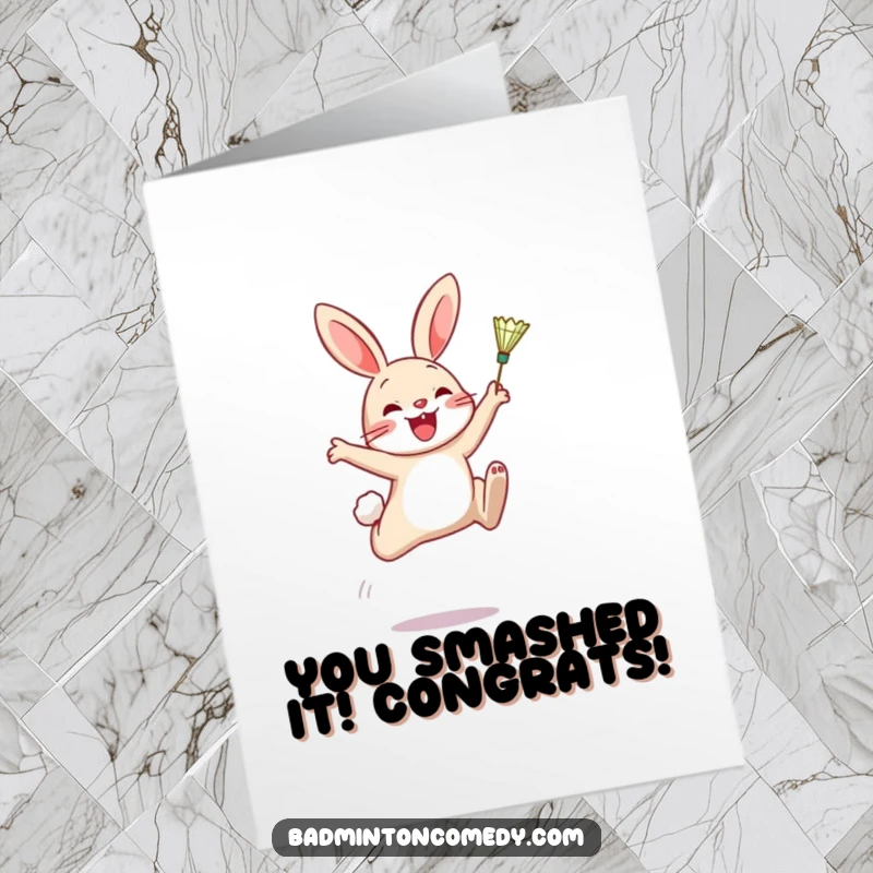 Funny Free Printable Congratulations Card: A joyful rabbit leaps, smashing a shuttlecock, celebrating a huge win.
