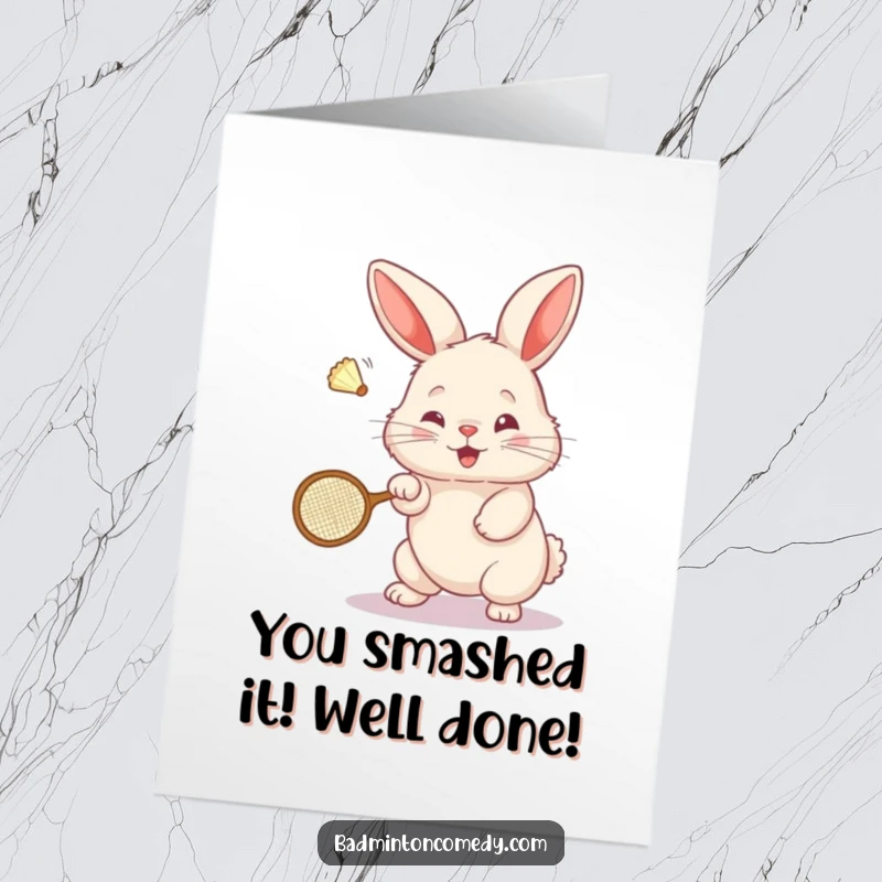 Funny Free Printable Congratulations Card: A fluffy bunny triumphantly hits a shuttlecock in celebration.