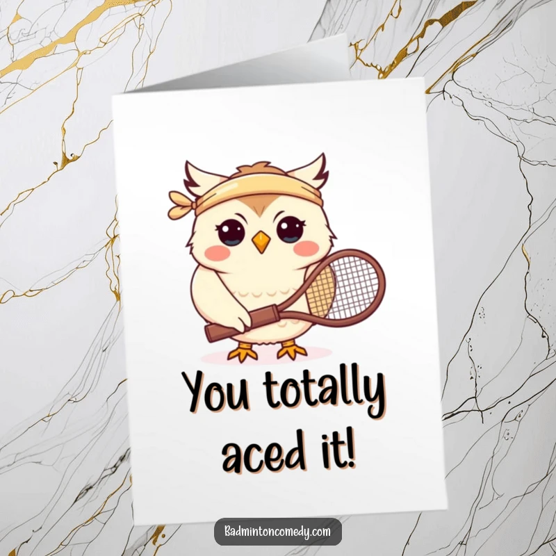 Funny Free Printable Congratulations Card: Smiling owl in headband holding tennis racket celebrating a win.