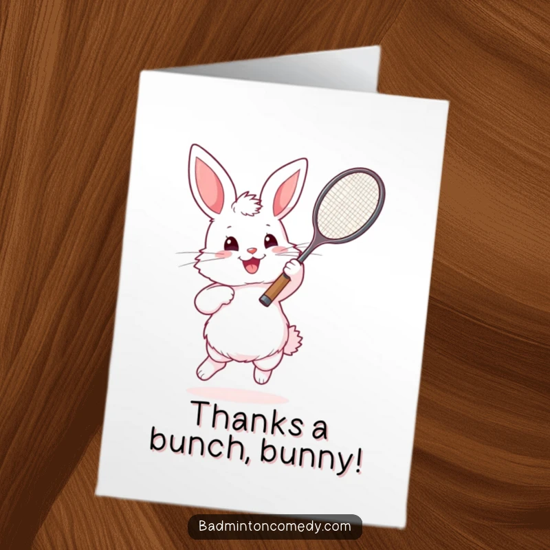 Funny Free Printable Thank You Card: Energetic bunny with a badminton racket, delivering thanks with a playful bounce.