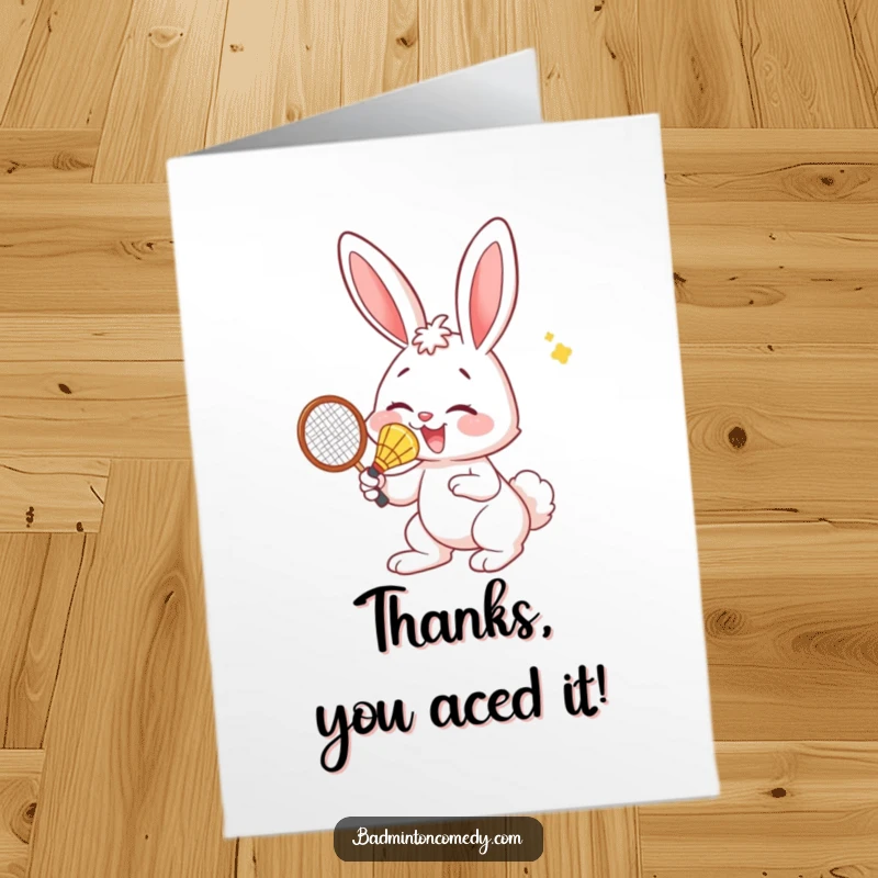 Funny Free Printable Thank You Card: A bunny's nose makes perfect contact with a badminton shuttlecock in thanks.