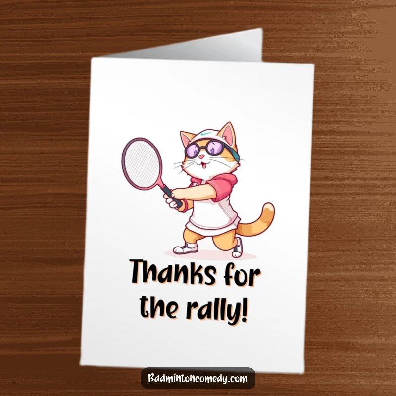 Funny Free Printable cat wearing athletic gear, swinging a badminton racket with gusto on a thank you card.