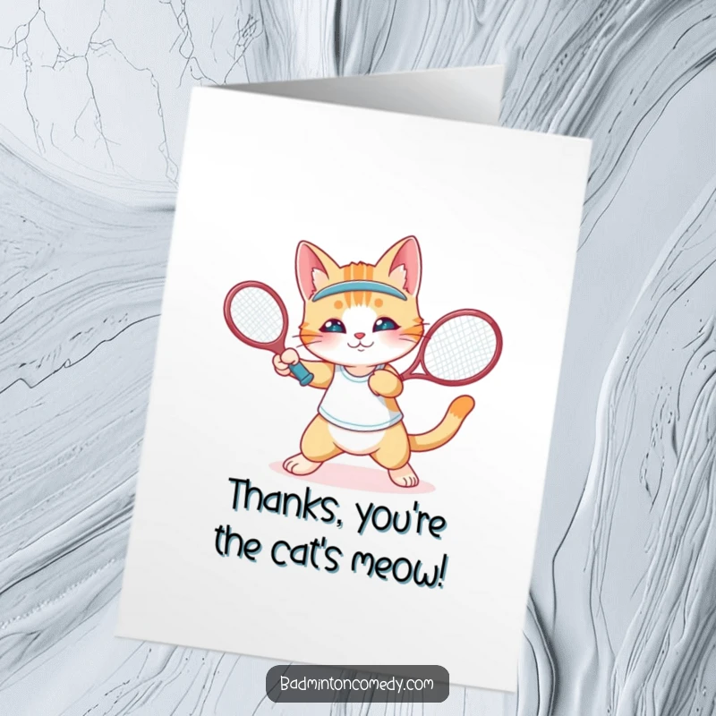 Funny Free Printable Thank You Card: A cat character performing a quick, elegant flick of the wrist with a racket.