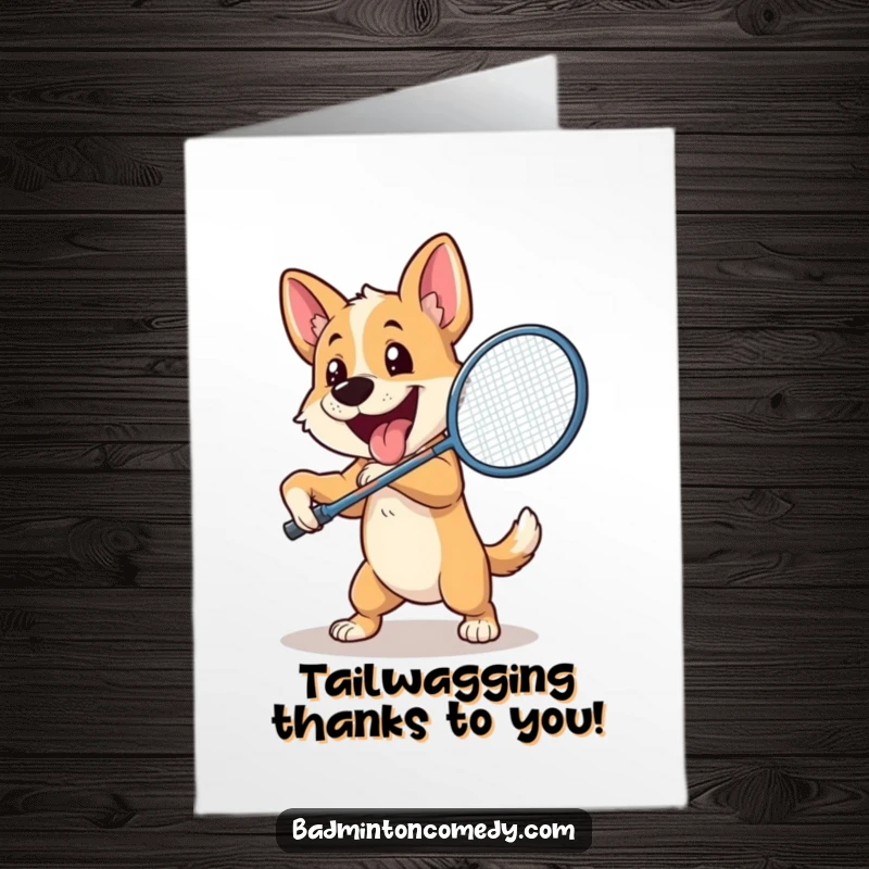 Funny Free Printable Thank You Card: A cheerful dog powerfully swinging a badminton racket to say thanks.