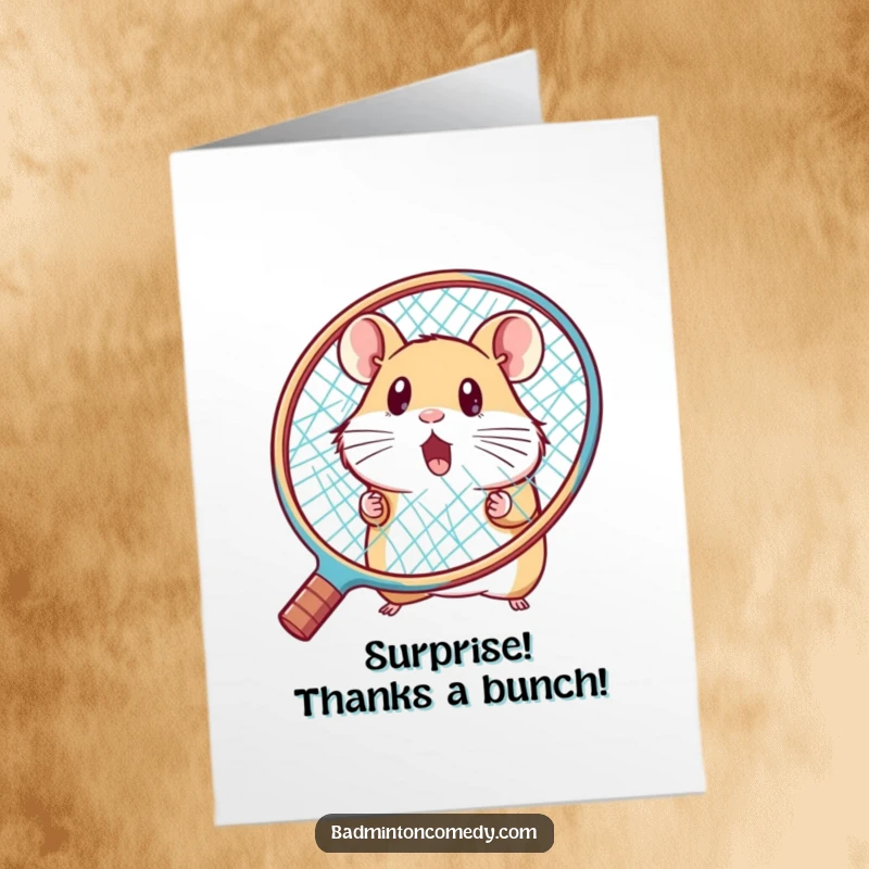 Funny Free Printable Thank You Card: Surprised hamster peeking from behind a big racket, conveying unexpected gratitude.