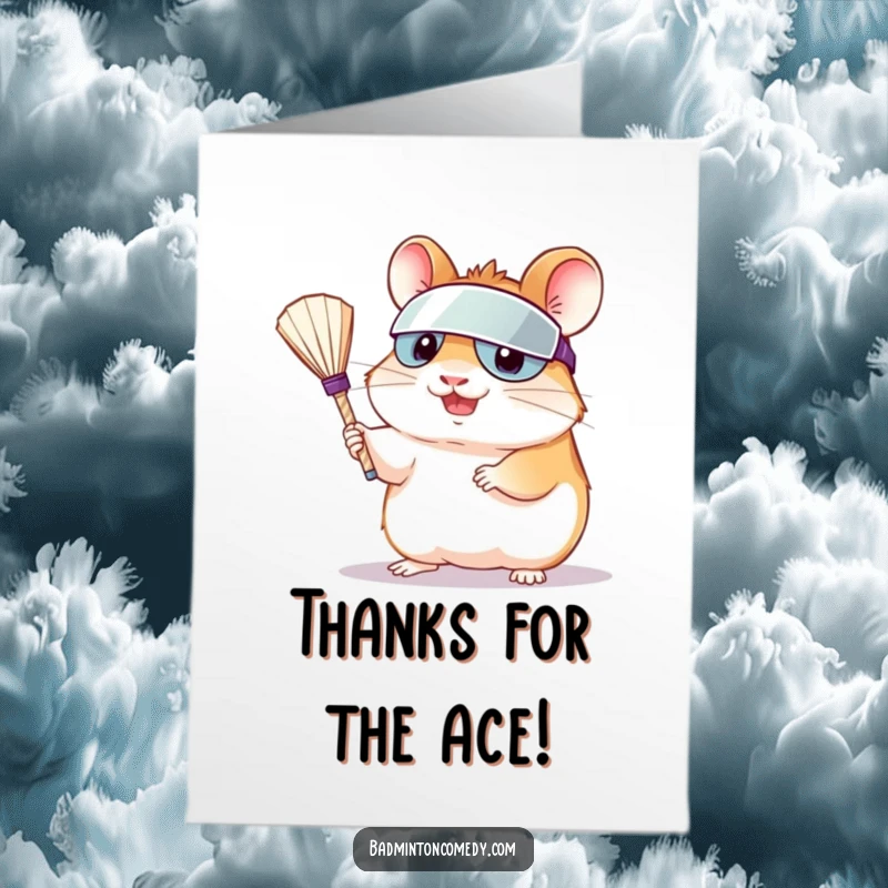 Funny Free Printable hamster in visor serving a shuttlecock, a humorous thank you card design.