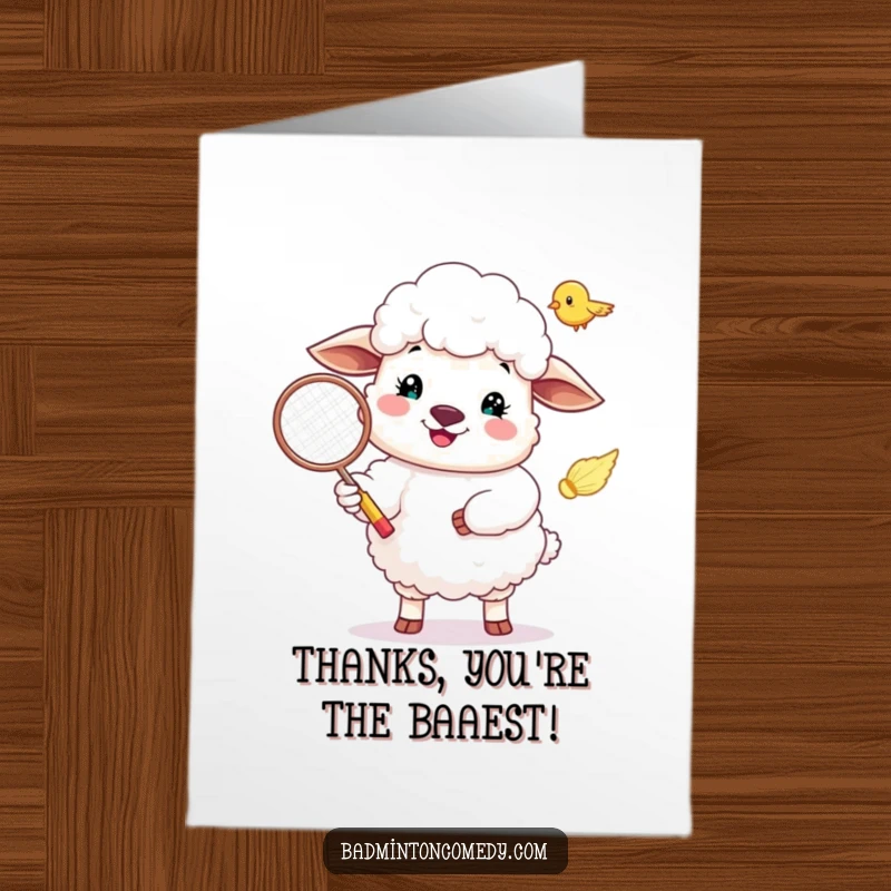 Funny Free Printable Thank You Card: A cheerful sheep serves a badminton birdie, expressing gratitude with a smile.