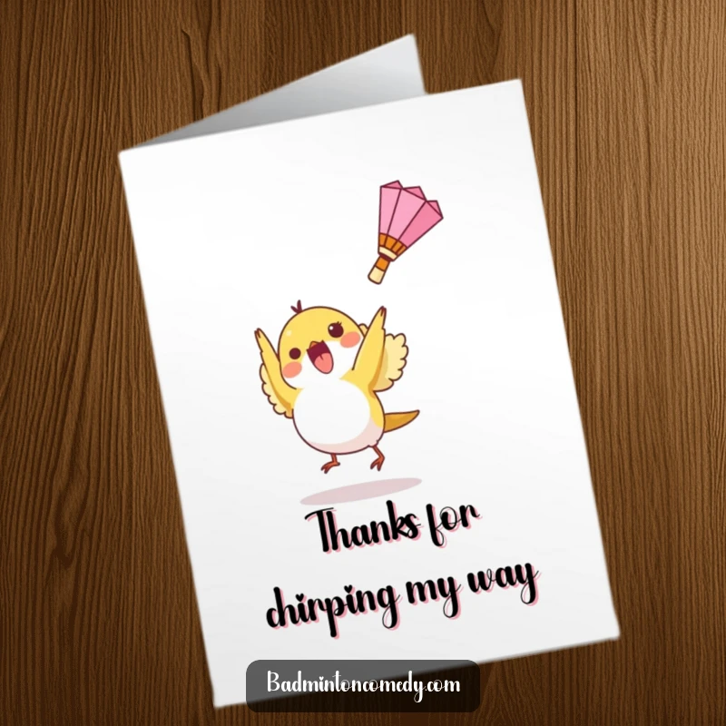 Funny Free Printable Thank You Card: Small bird character hitting a shuttlecock upwards, expressing thanks.