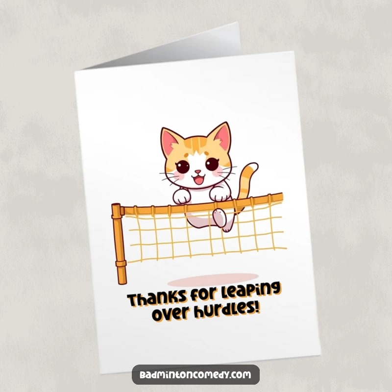 Funny Free Printable Thank You Card: Cat jumping over a net with agility, a dynamic and humorous way to say thanks.