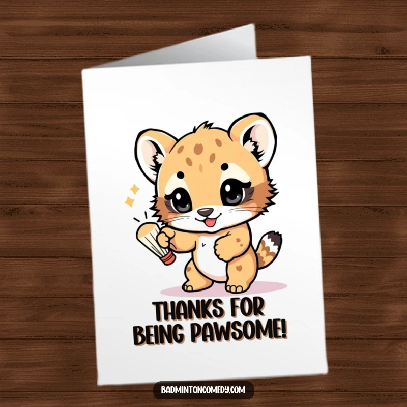 Funny Free Printable Thank You Card: A cub happily bats a shuttlecock, its eyes sparkling with thanks.