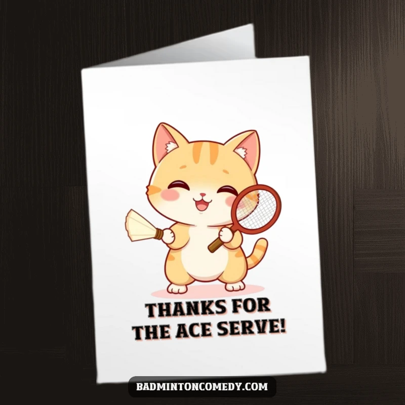 Funny Free Printable Thank You Card: A happy cat dressed for tennis swinging a racket, sending thanks with a playful wink.