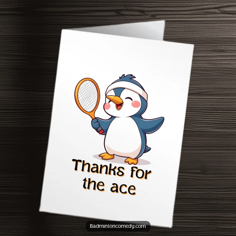 Funny Free Printable Thank You Card: Happy penguin tennis player gives a joyful racket swing.