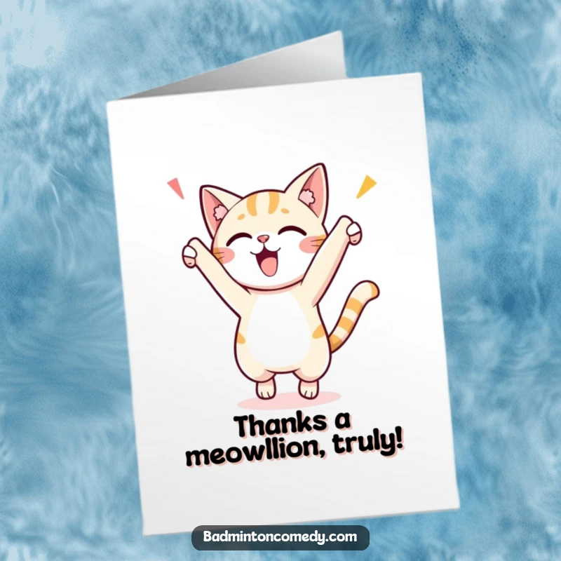 Funny Free Printable Thank You Card: Energetic cat celebrating a point, expressing thanks with a hilarious, jumpy pose.