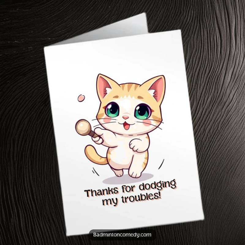 Funny Free Printable Thank You Card: Adorable cat with big eyes dodging a shuttlecock, a witty way to say thank you.