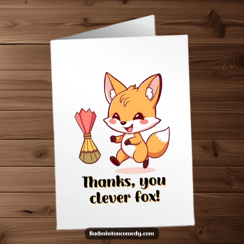 Funny Free Printable Thank You Card: A playful fox character grinning as it chases after a shuttlecock.
