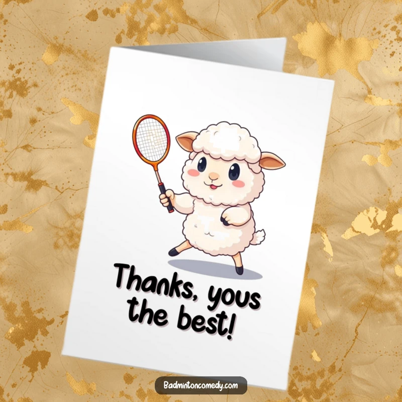 Funny Free Printable Thank You Card: A fluffy sheep with determination plays badminton, serving the shuttlecock.