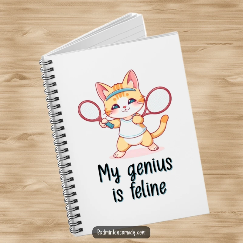 Funny cat playing badminton on a notebook cover, perfect for a funny gift.