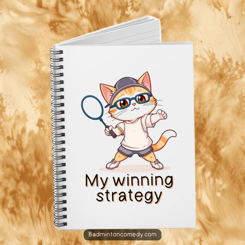 Funny cat in athletic gear, swinging a badminton racket, on the cover of a notebook.