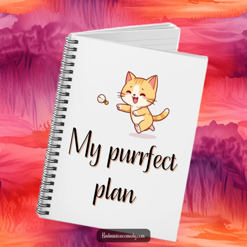 Funny Cat Badminton Notebook: A joyful cat character chases a shuttlecock with determination, inspiring creative thoughts.