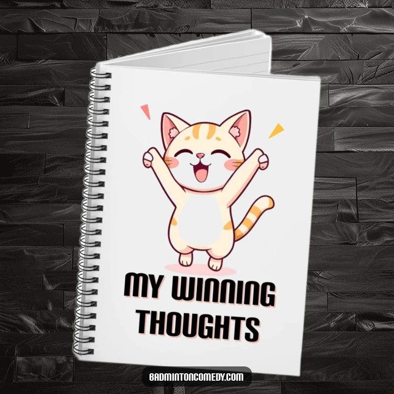 Funny notebook featuring a small cat character executing an enthusiastic jump to celebrate a point, perfect for jotting down ideas.