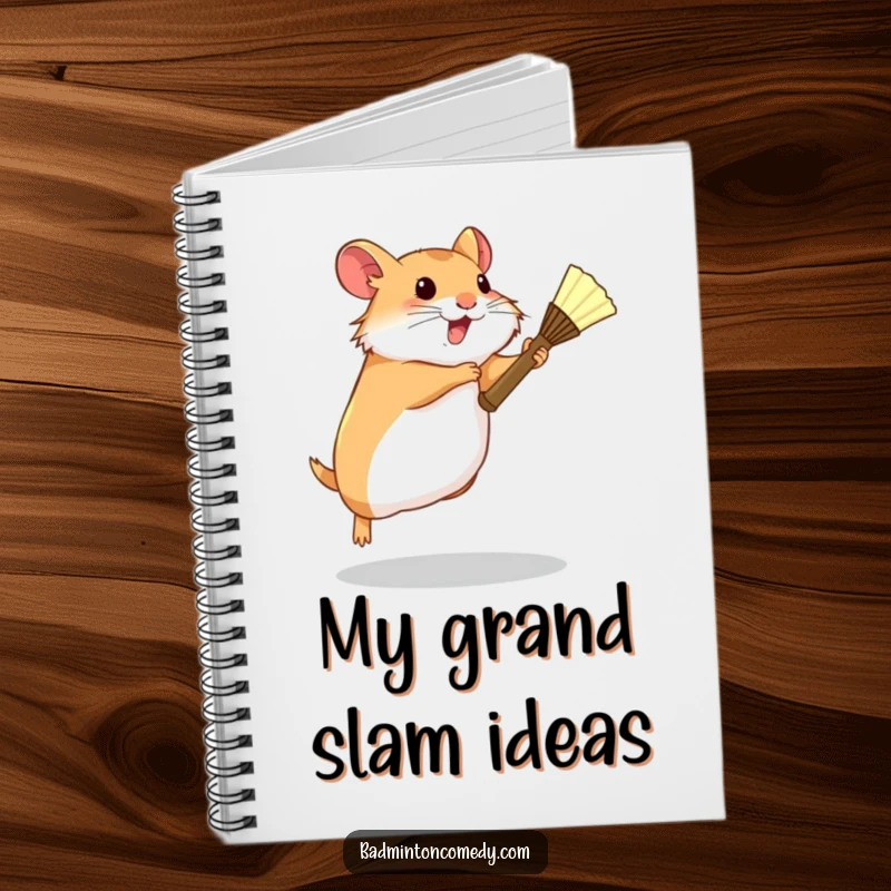 Funny Hamster Badminton Notebook: A determined hamster leaping with a tiny racket, designed for note-taking with a humorous sports theme.