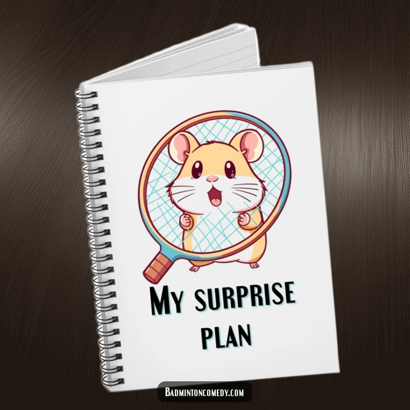 Funny hamster peeking behind a large racket, surprised, on a humorous badminton notebook, ideal for writing.