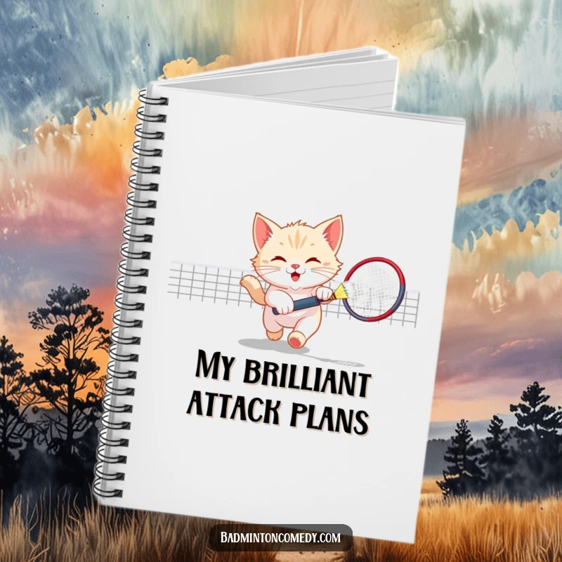 Funny Kitten Badminton Notebook: A playful kitten chasing a shuttlecock, designed for note-taking with a humorous and cute sports theme.