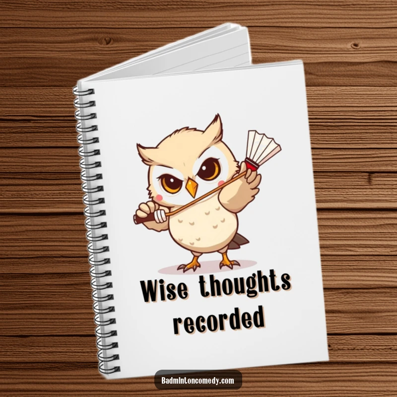 Funny Owl Badminton Notebook: A determined owl focusing on hitting a shuttlecock, perfect for note-taking and strategic planning.