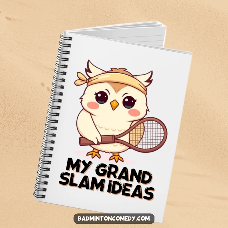 Funny notebook with a smiling owl character in a headband and holding a tennis racket, ready to take notes.