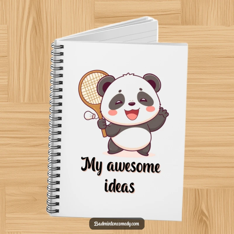 Funny panda gleefully hitting a shuttlecock with a large racket in this charming badminton notebook design.