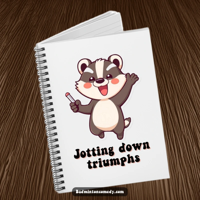 Funny Badger Triumph Notebook: A funny badger character is shown mid-jump, celebrating a victorious point with immense happiness.